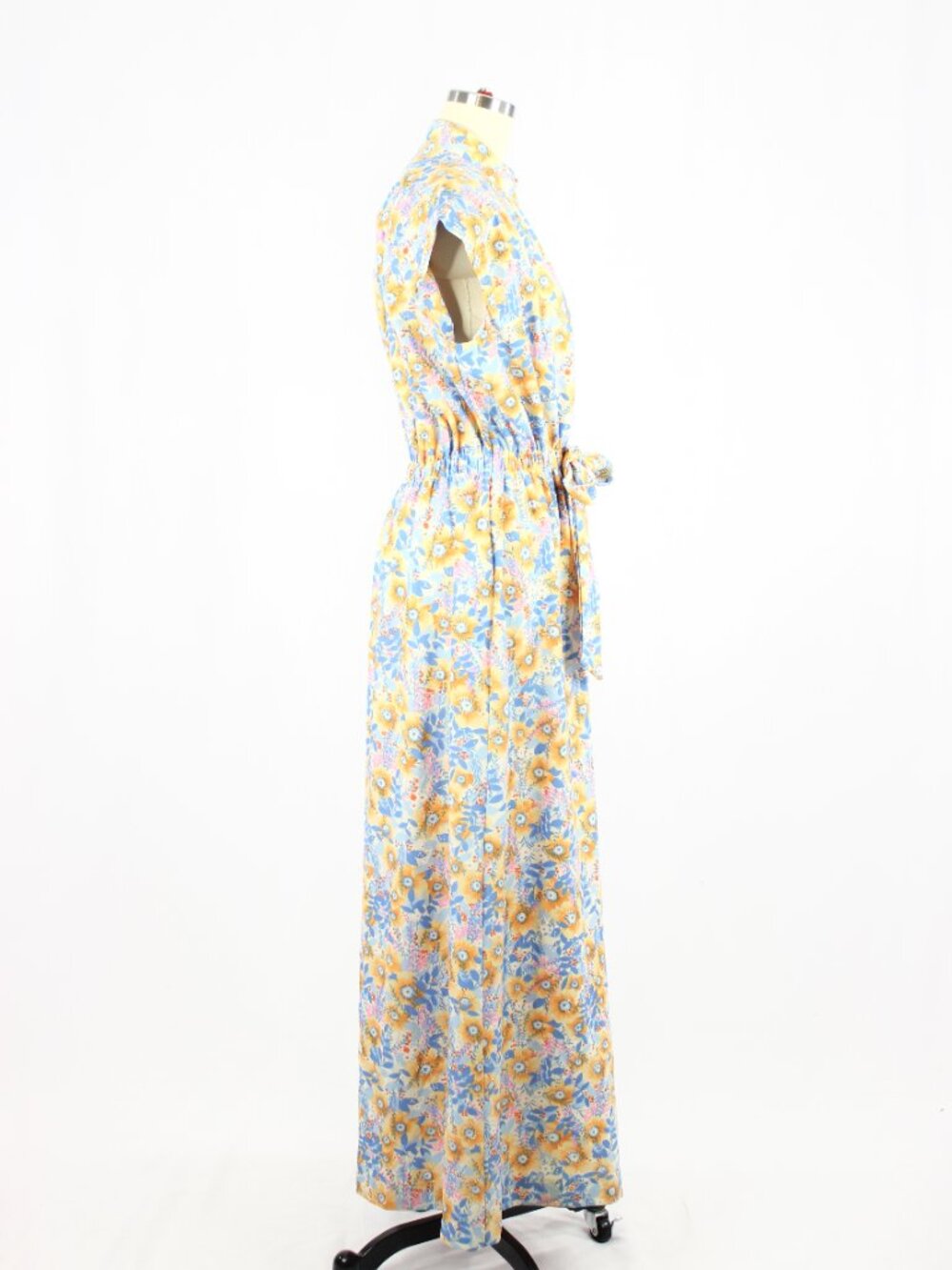 Vintage 70's CONRAD Retro Blue Orange Hippie Floral Belted Maxi Dress, Size L - Picture 2 of 11